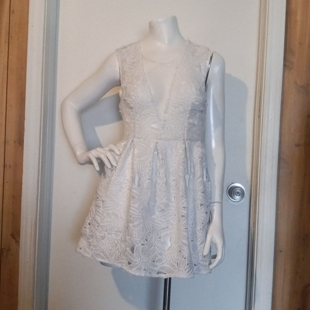 Onayaya Small White Mesh Dress Deep V Sheer